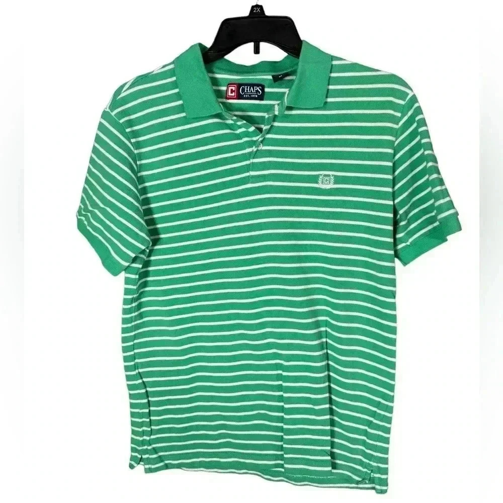 Chaps Men's Medium Green Striped Short Sleeve Cotton Polo Shirt